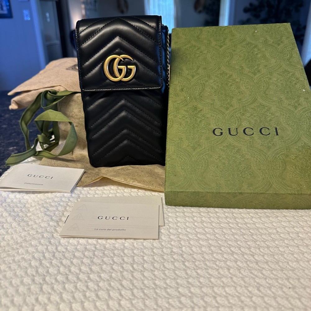 Gucci Black Chevron GG Marmont Crossbody Pouch with Gold Hardware